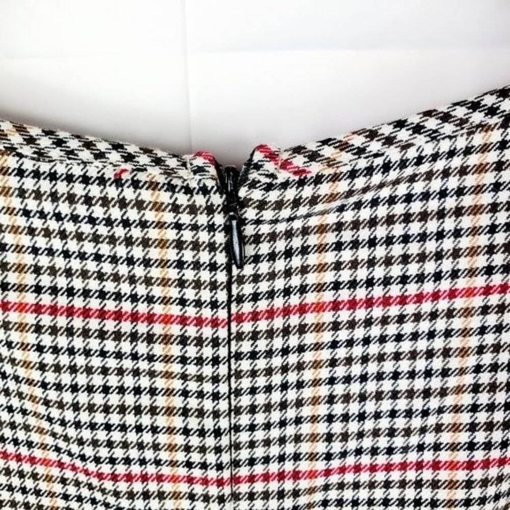 Tacera Herringbone puff sleeves dress Small Cream Pencil Red plaid - Picture 7 of 9